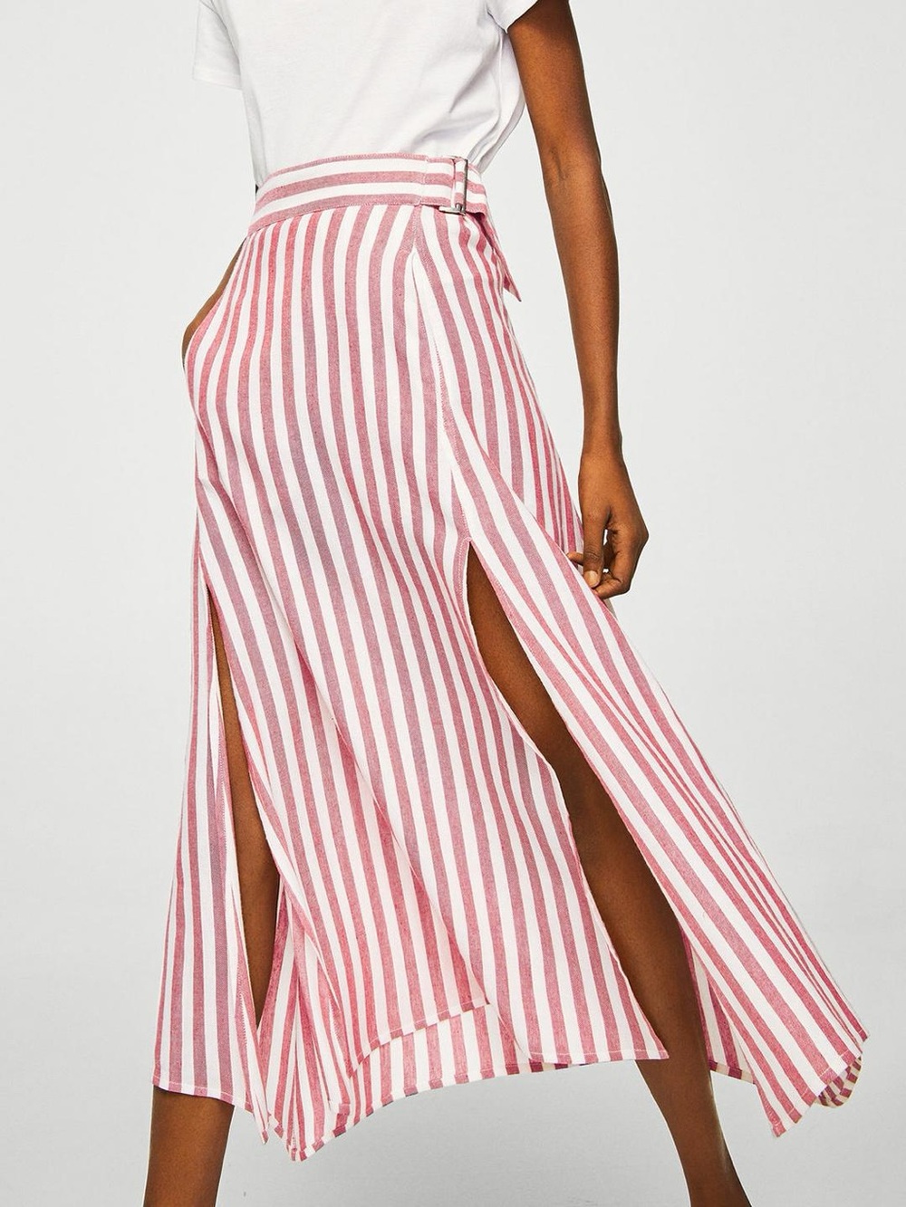 Mango Red & White Striped Maxi Skirt with Twin Side Slits